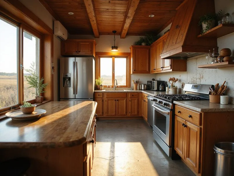 Bright finished container home kitchen interior with full cabinets and appliances