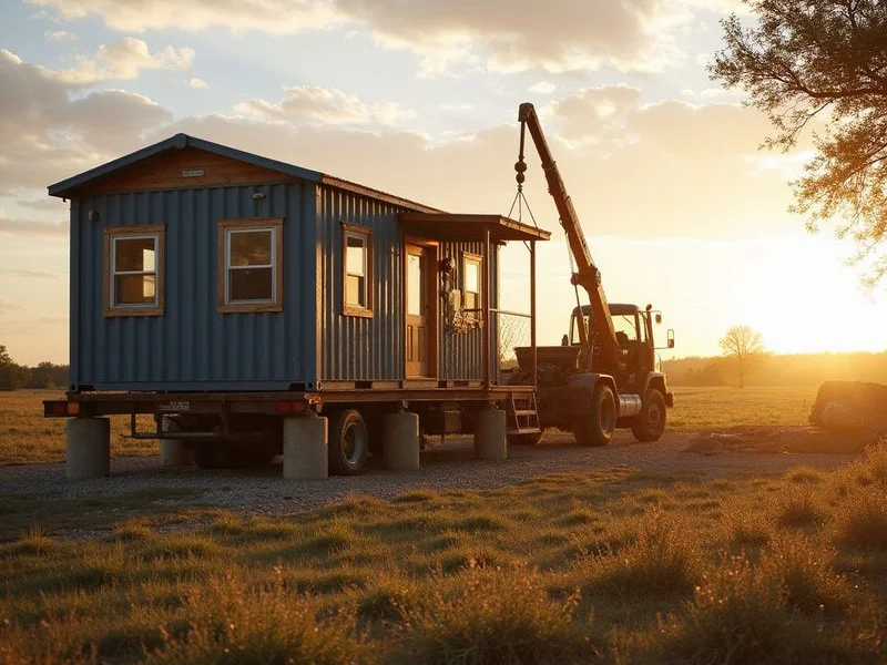 Crew setting a container home onto a leveled pier foundation on a rural site