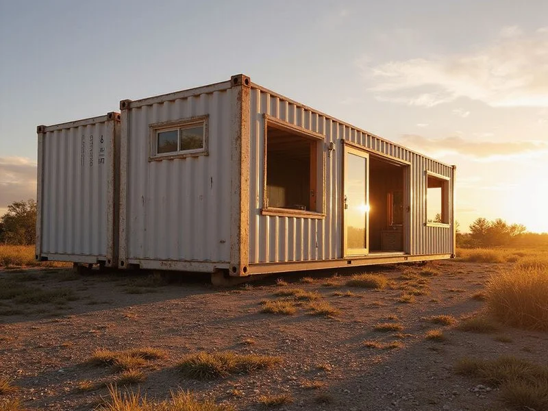 DIY container home shell with window cutouts and spray foam completed at the factory