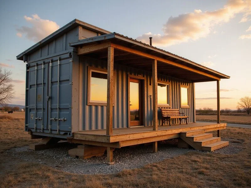 Finished 40ft container home with covered porch on a rural San Antonio lot