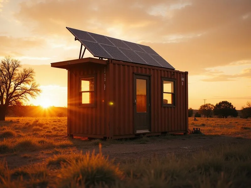 Off-grid container hunting cabin with solar panels on a remote Texas lease