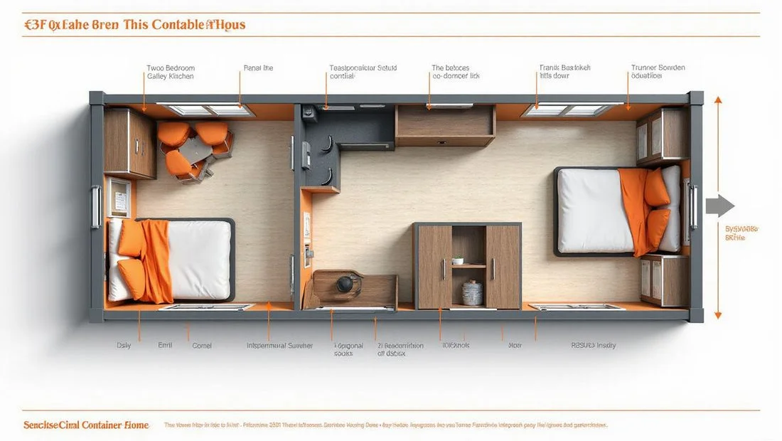 53ft container home layout with two bedrooms and tri-zone climate