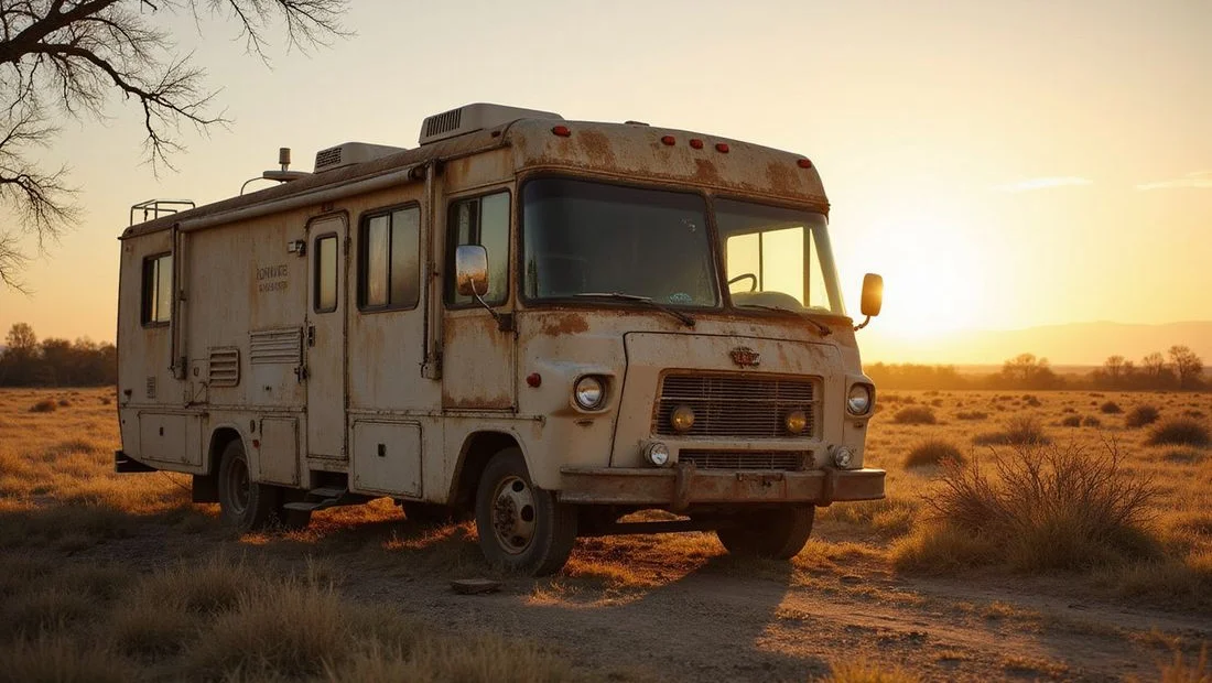 Aging weathered RV on a hunting lease showing deterioration
