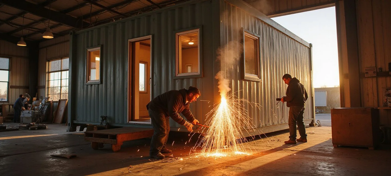 ATX Container Homes crew fabricating a steel container home in the San Antonio workshop