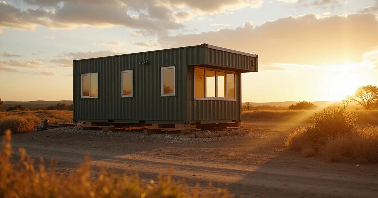 Container cabin being set on a leveled pad on raw rural acreage