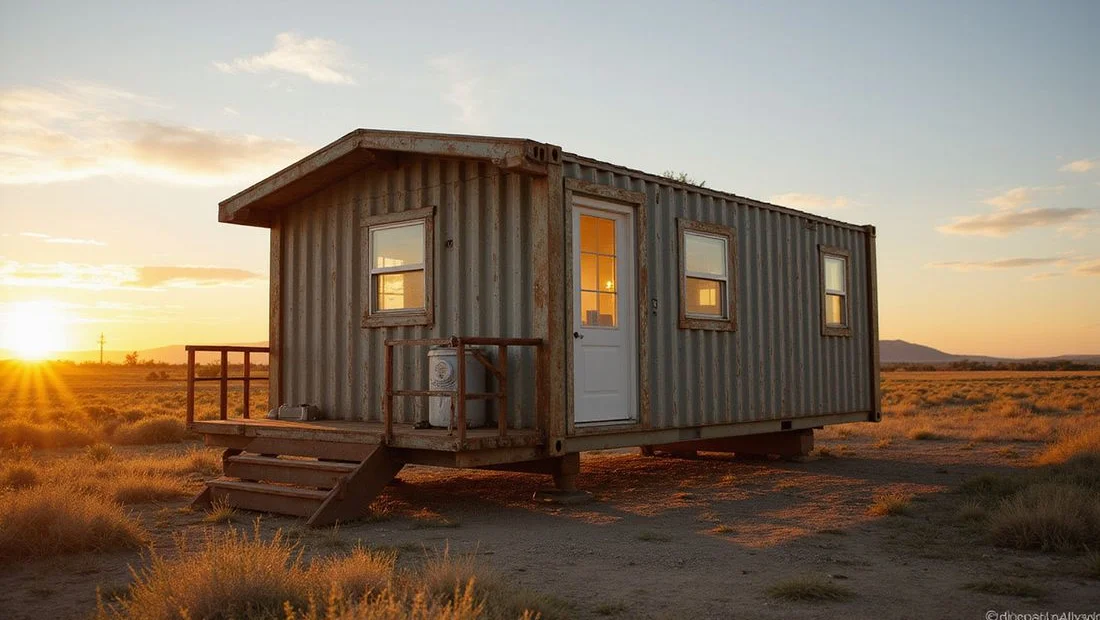 Container cabin leveled on steel piers with off-grid hookups