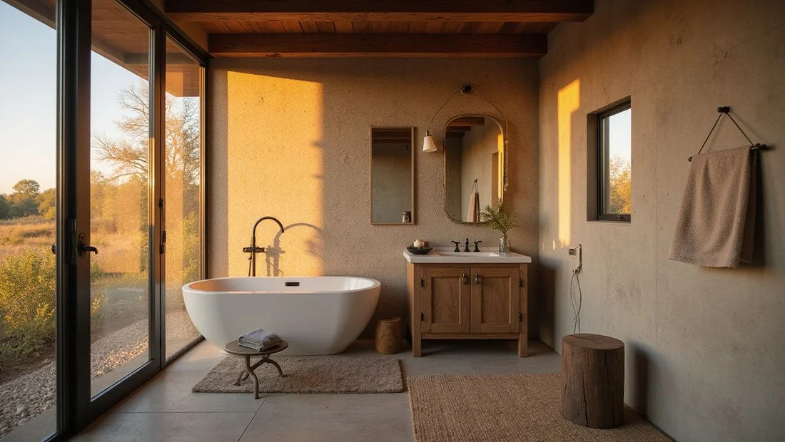Container home bathroom with tiled shower and fixtures