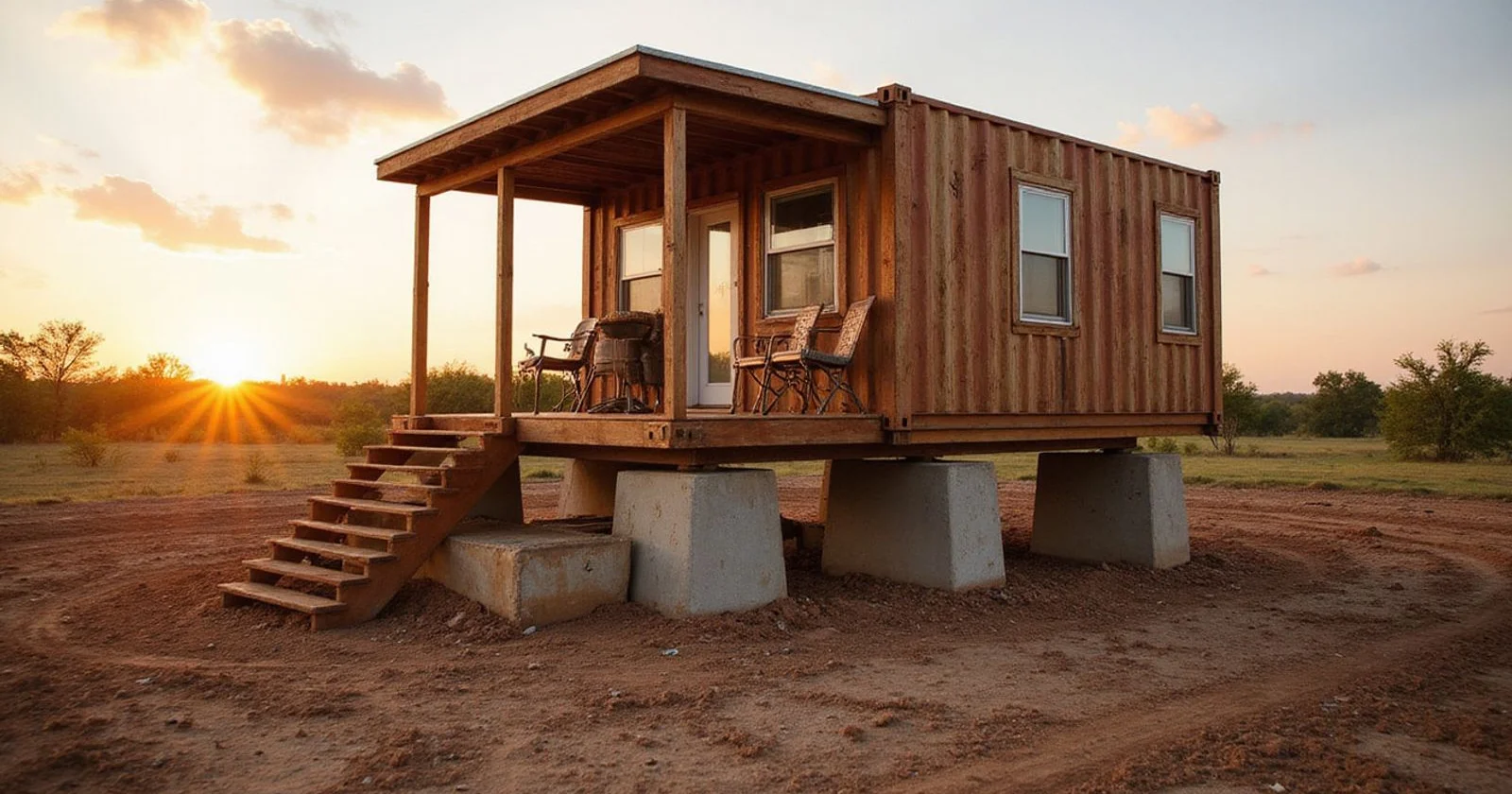 Container home on a pier foundation set into Texas clay soil