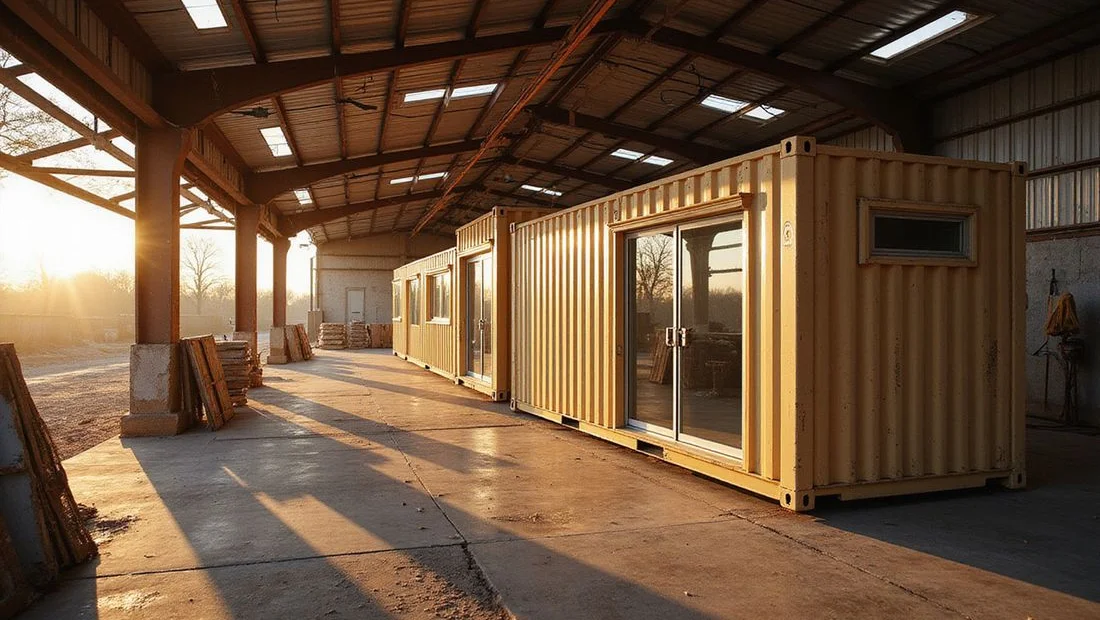 Container homes at various build stages inside the shop