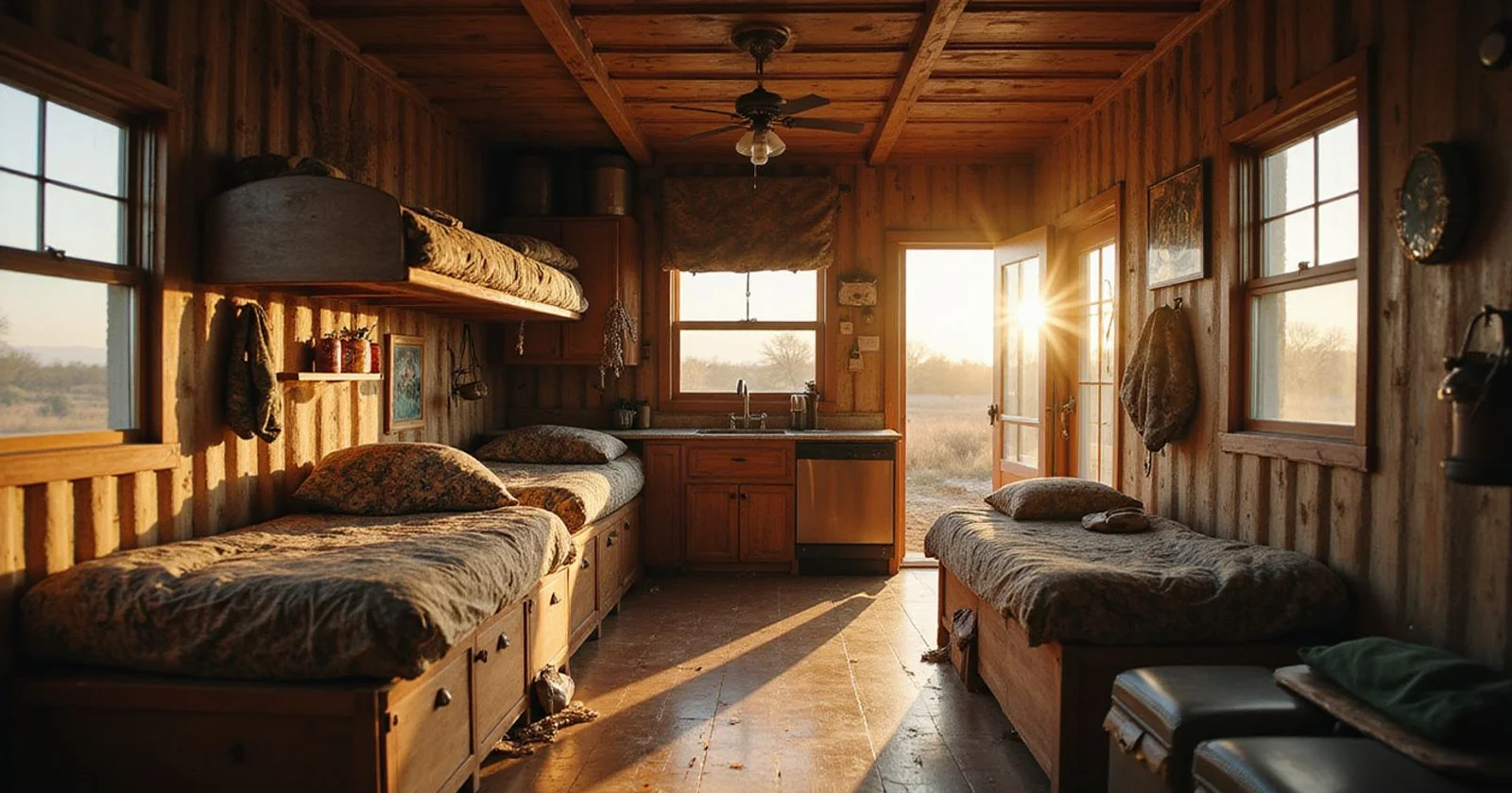 Container hunting cabin interior with bunk beds and gear storage