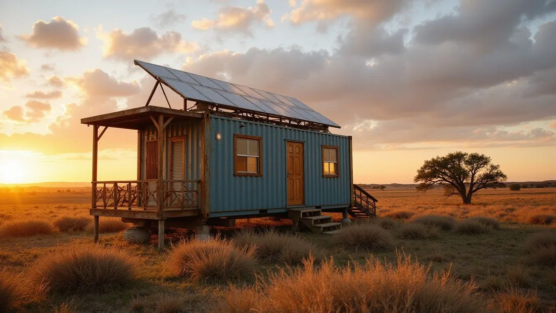 Container hunting cabin set on leveled piers on a remote Texas ranch lease with solar and steel shutters