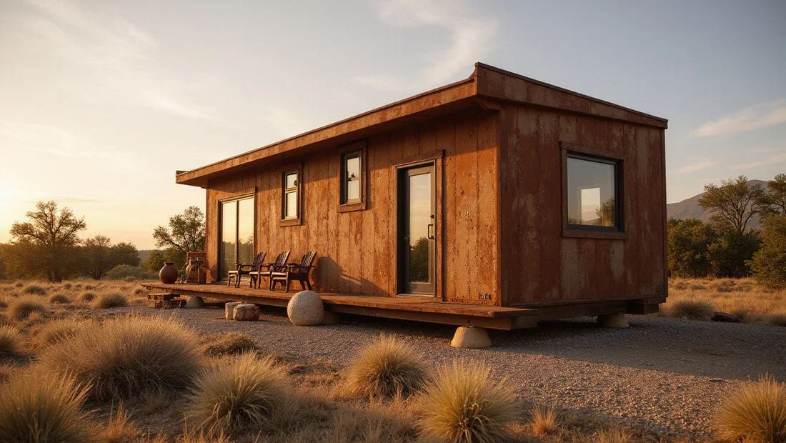 Corten steel container cabin exterior after years outdoors