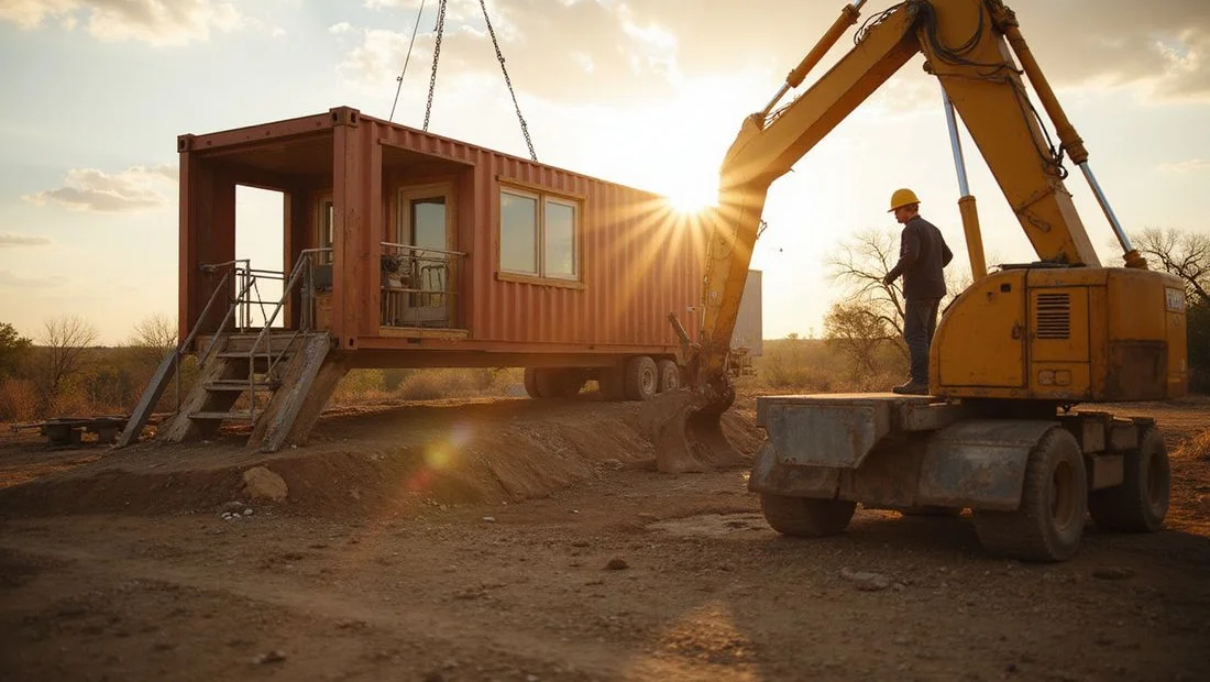 Crew leveling a container home at the drop point