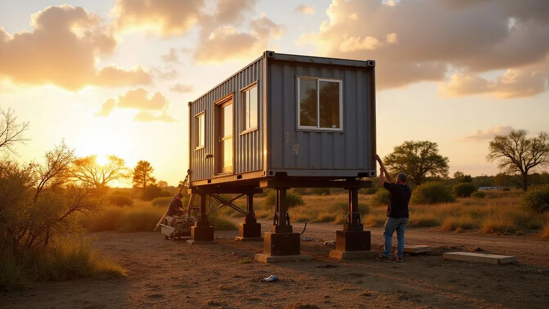 Crew leveling a container home on adjustable steel piers