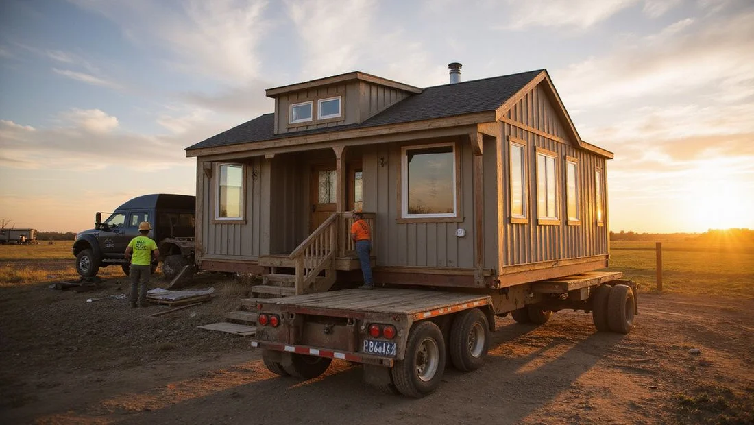 Crew setting a finished pre-built container home onto a leveled foundation on a rural Texas site