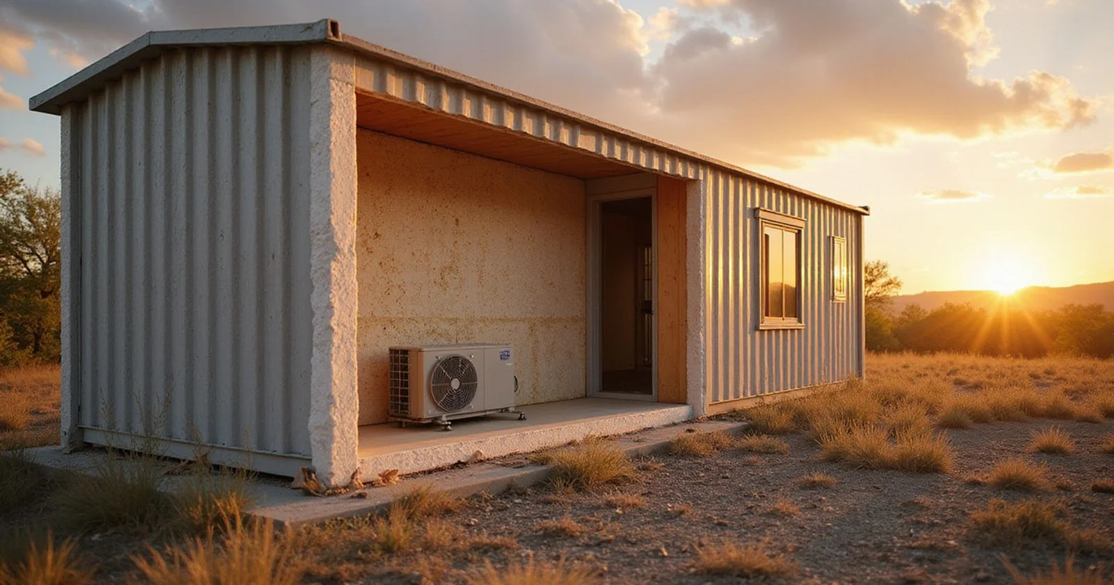 Cutaway of a container home wall showing spray foam insulation and a mini-split