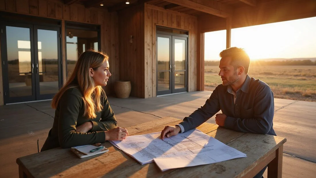 Buyer reviewing custom container home plans and finishes