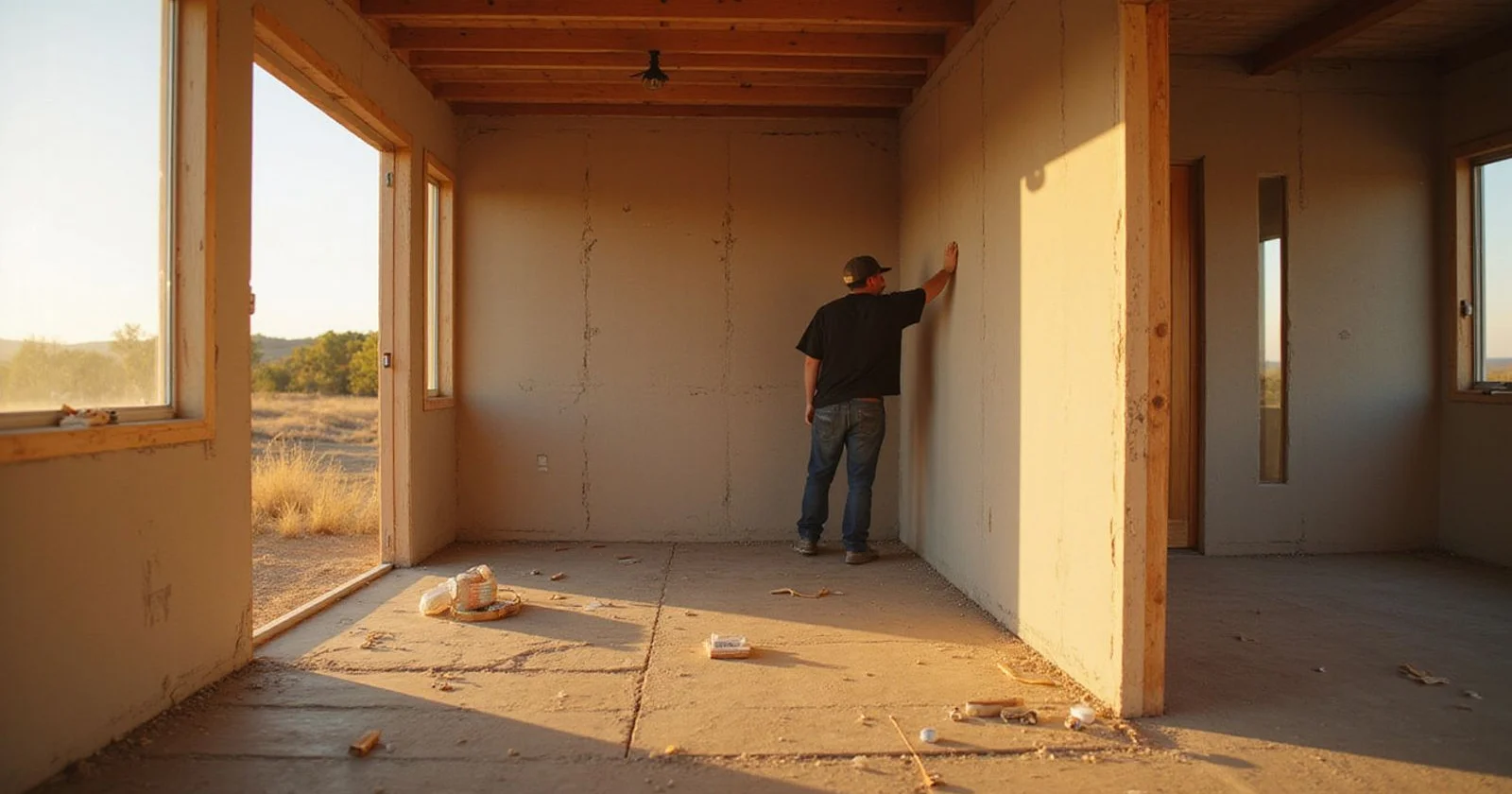 DIY builder finishing a container home interior with drywall and flooring