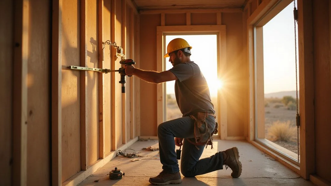 DIY builder installing wall paneling with a drill and level