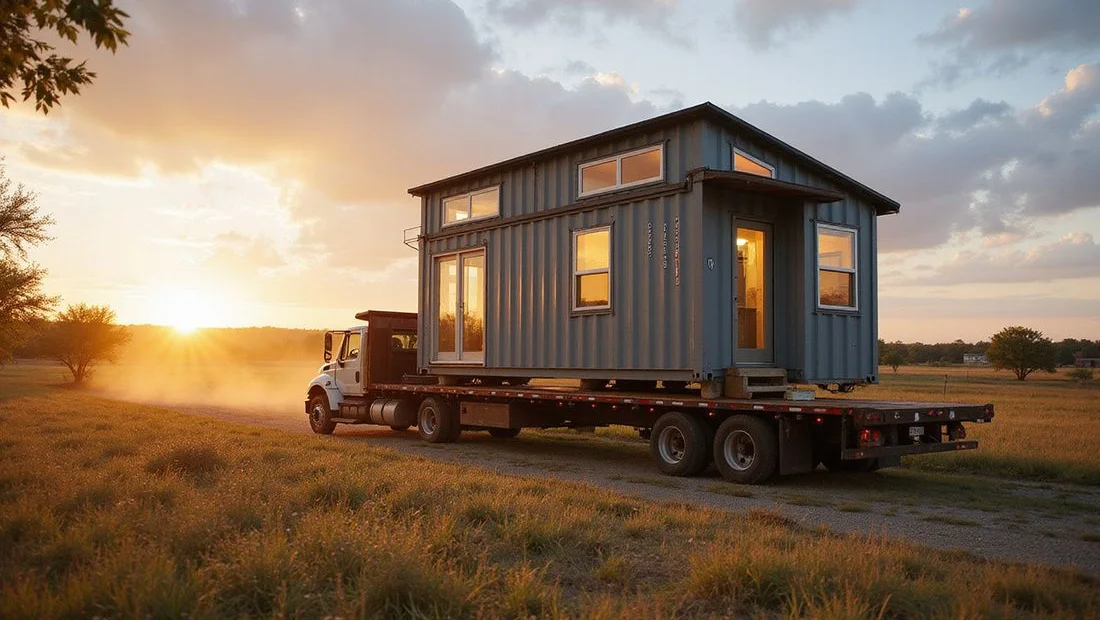 Finished container home loaded onto a flatbed for delivery