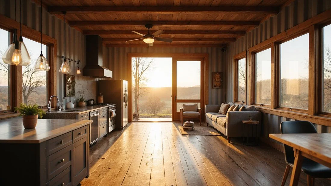 Finished container home interior with flooring and cabinetry