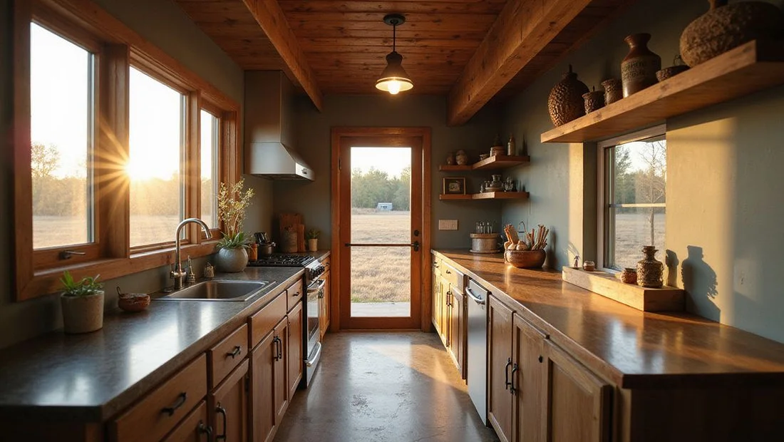 Finished container home kitchen with cabinets and appliances