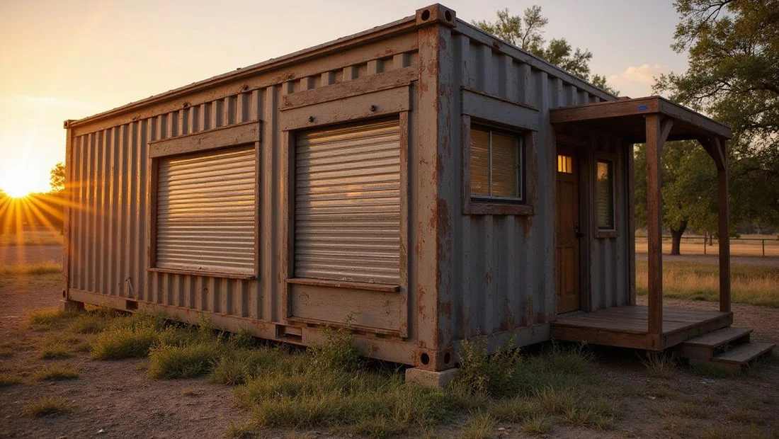 Impact-resistant steel shutters closed over cabin windows