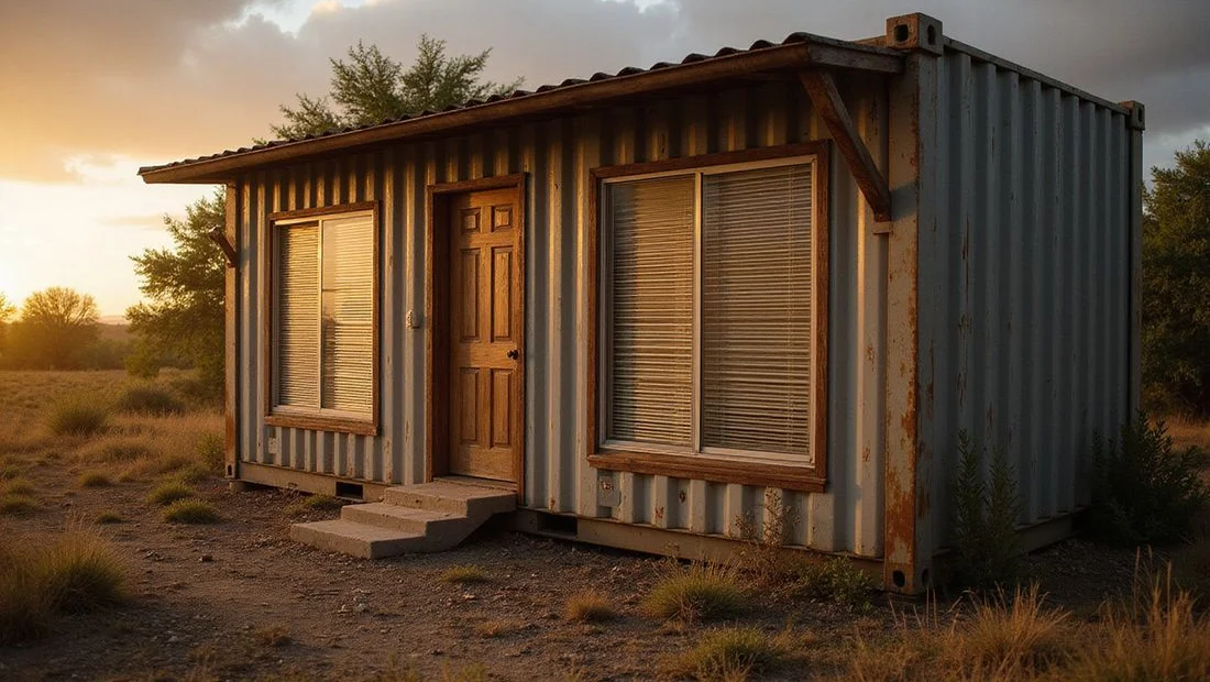 Impact-resistant steel shutters closed over container home windows