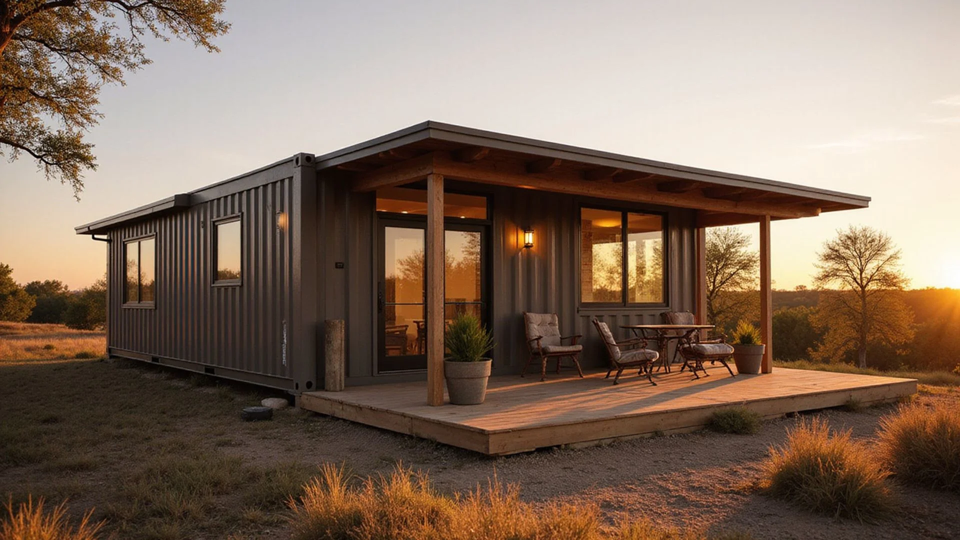 Modern finished container home on Texas Hill Country acreage at golden hour