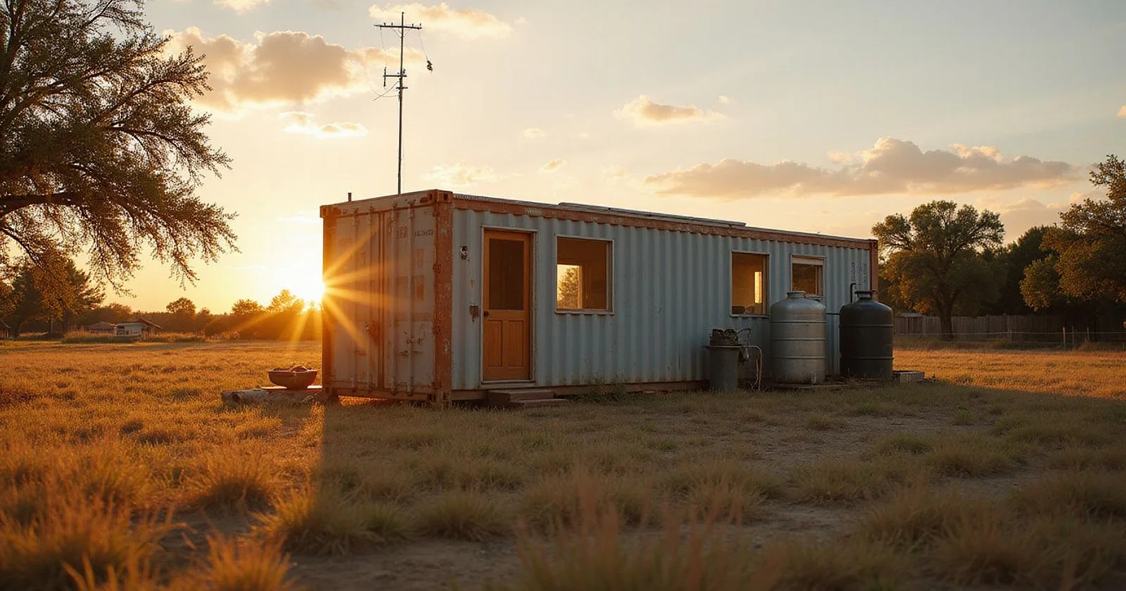 Off-grid container cabin with solar, water tanks, and septic on remote land