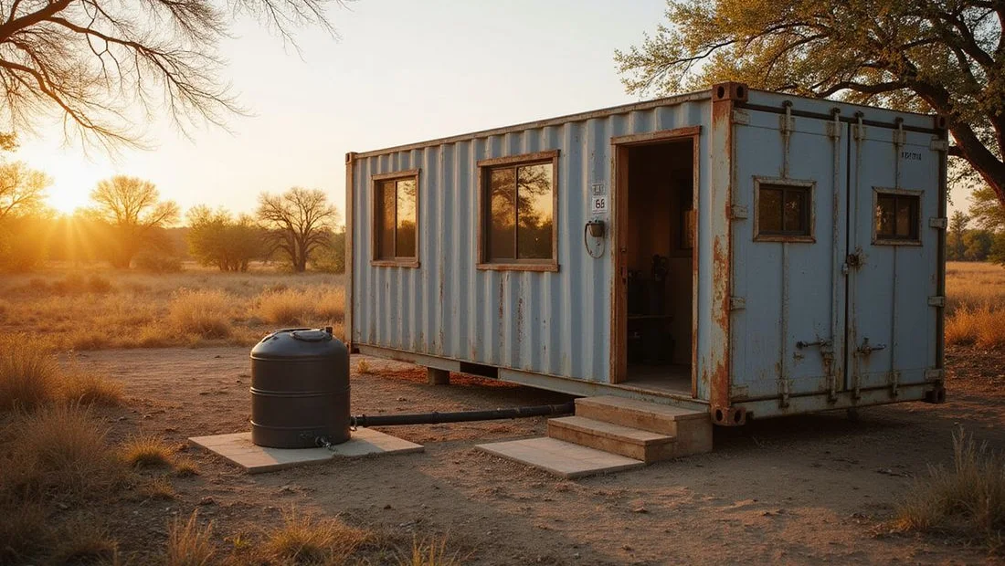 Off-grid septic, water storage, and solar at a rural container home site