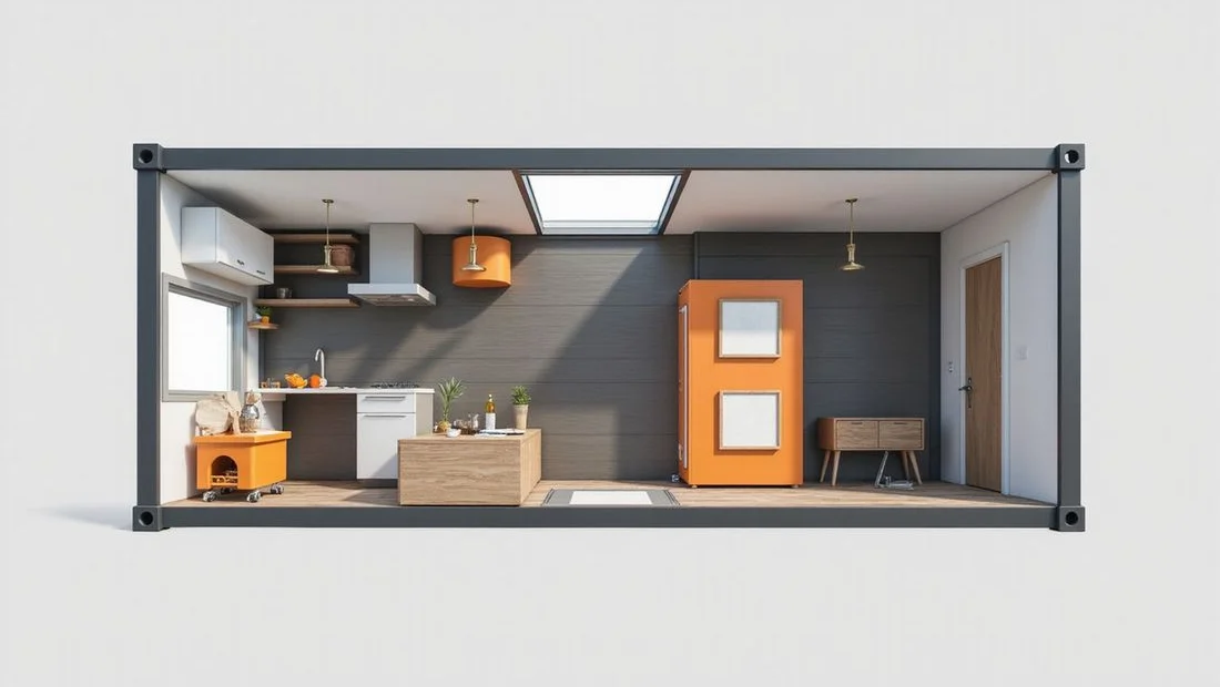 Open floor plan of a 40ft one-bedroom container home