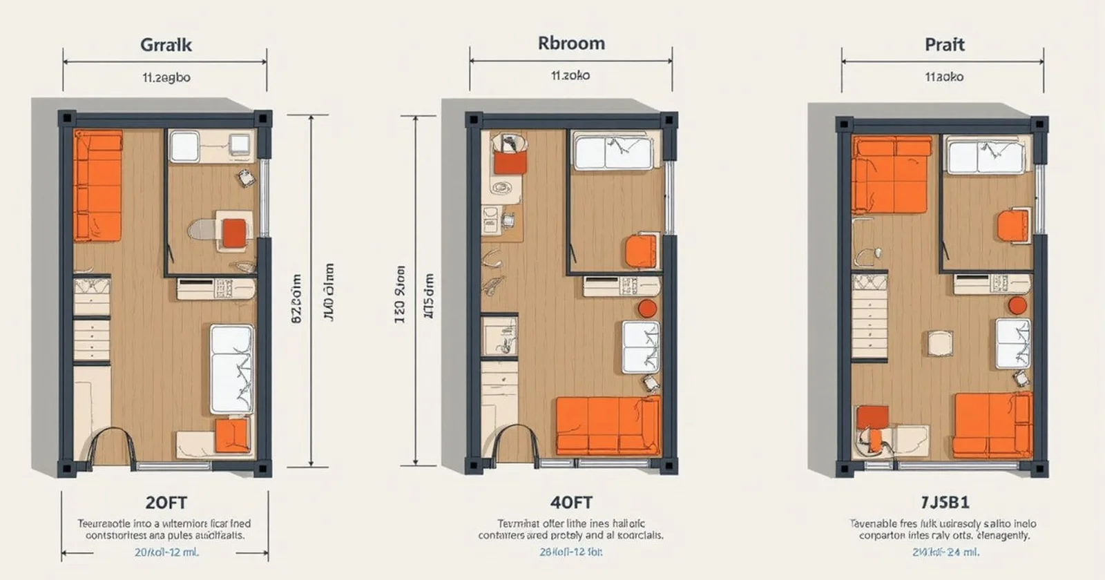 Overhead floor plan layouts for 20ft, 40ft, and 53ft container homes