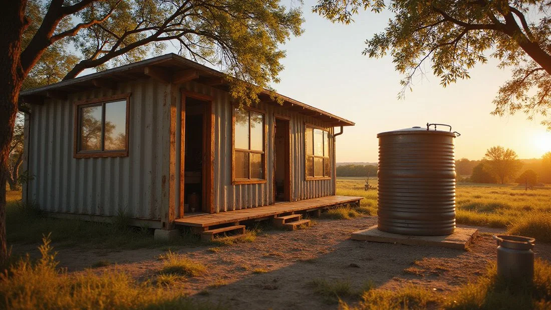 Rainwater harvesting tank and composting toilet at a remote cabin