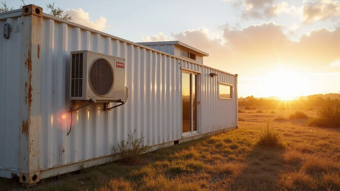 Reflective roof coating and mini-split on a container home in full sun