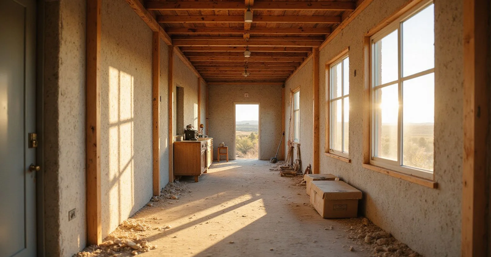 Roughed-in container home kit interior with spray foam, subfloor, and rough-in wiring