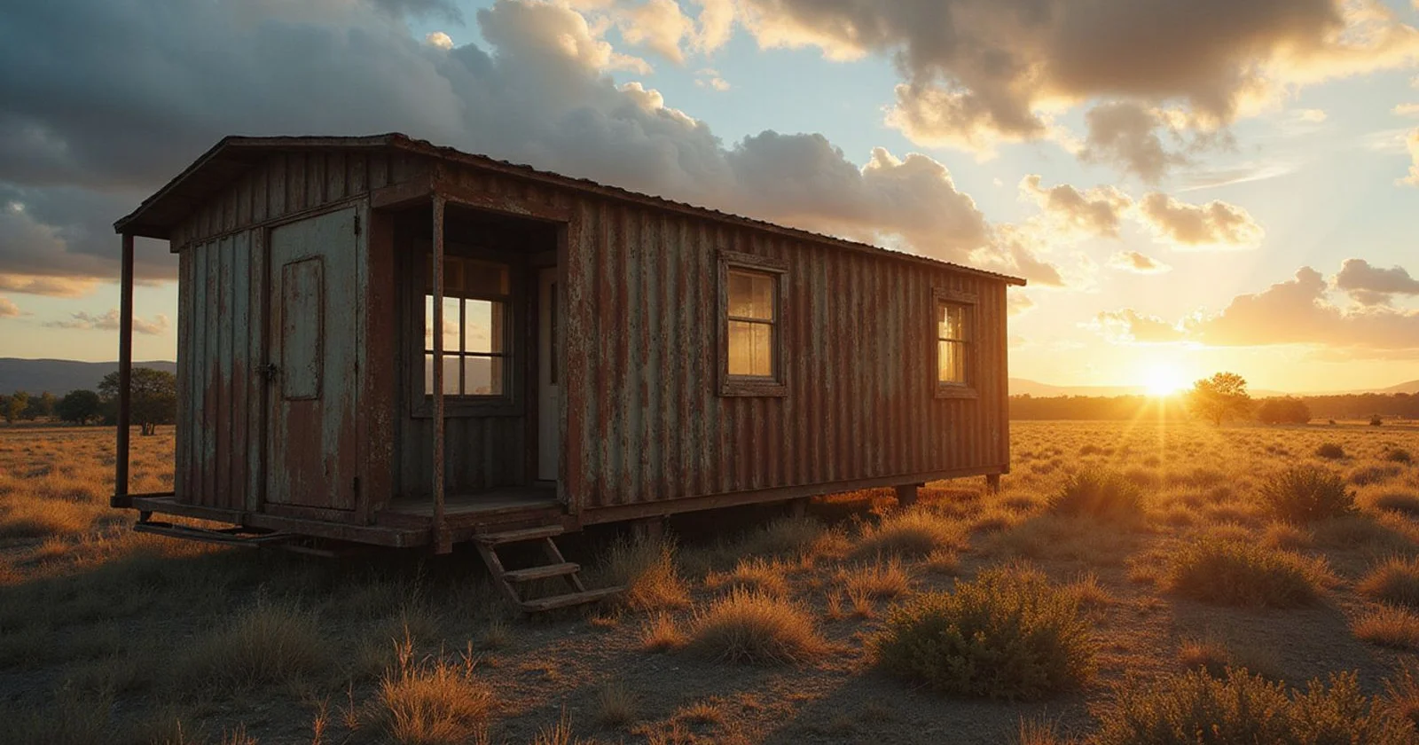 Rugged container cabin standing through harsh weather on a remote lease