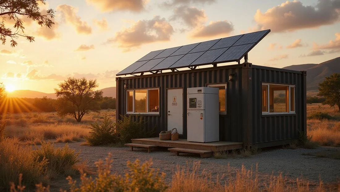 Solar array and LiFePO4 battery bank powering a container cabin
