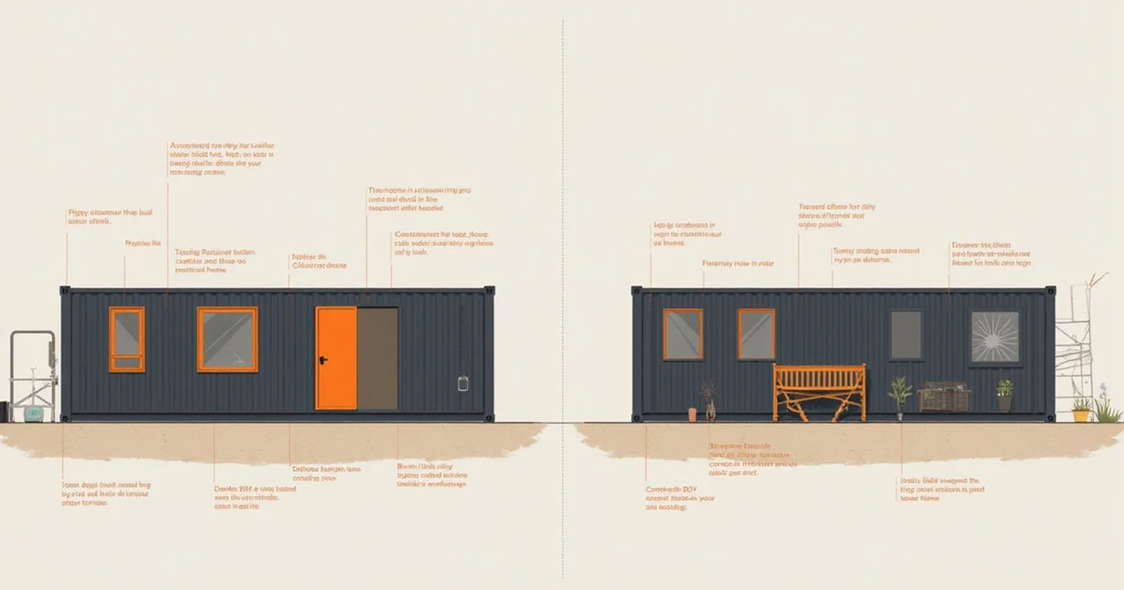 A roughed-in DIY container kit beside a finished turnkey container home