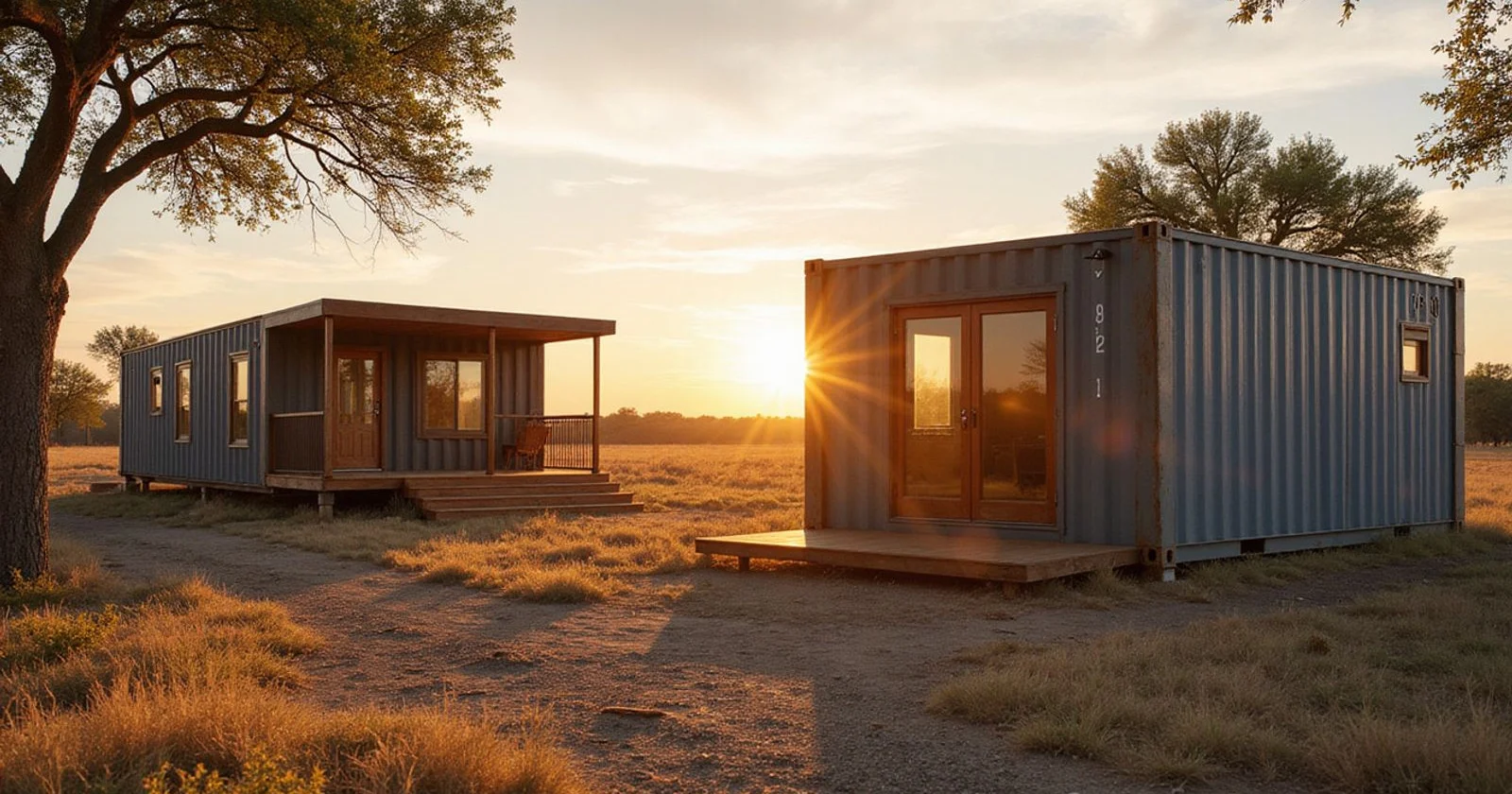 A ready pre-built container home beside a custom-designed container home