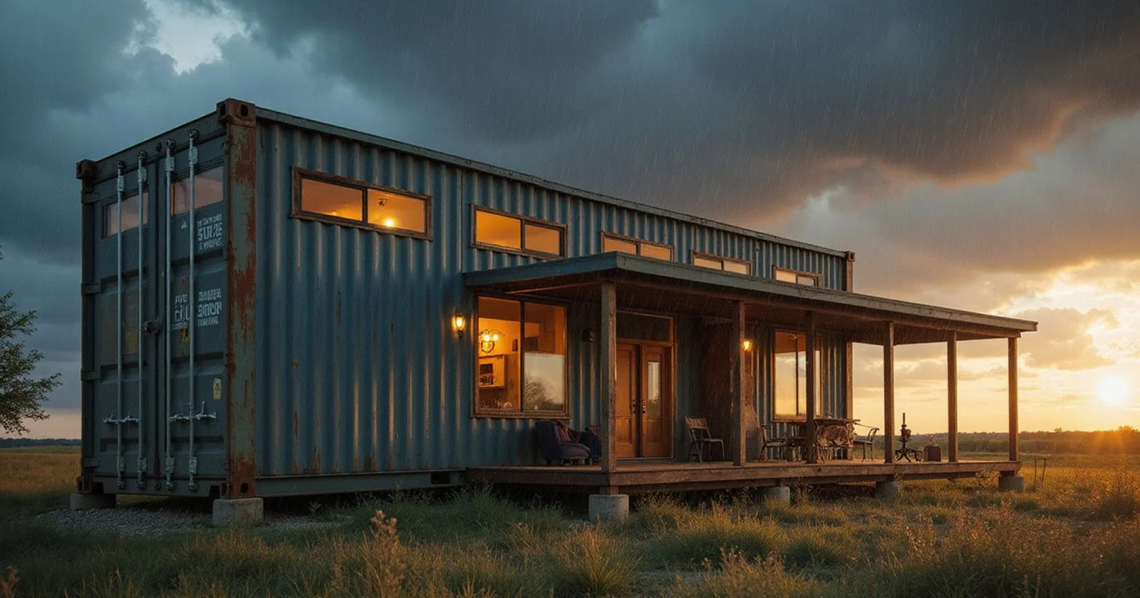 Steel container home standing firm through a severe Texas storm
