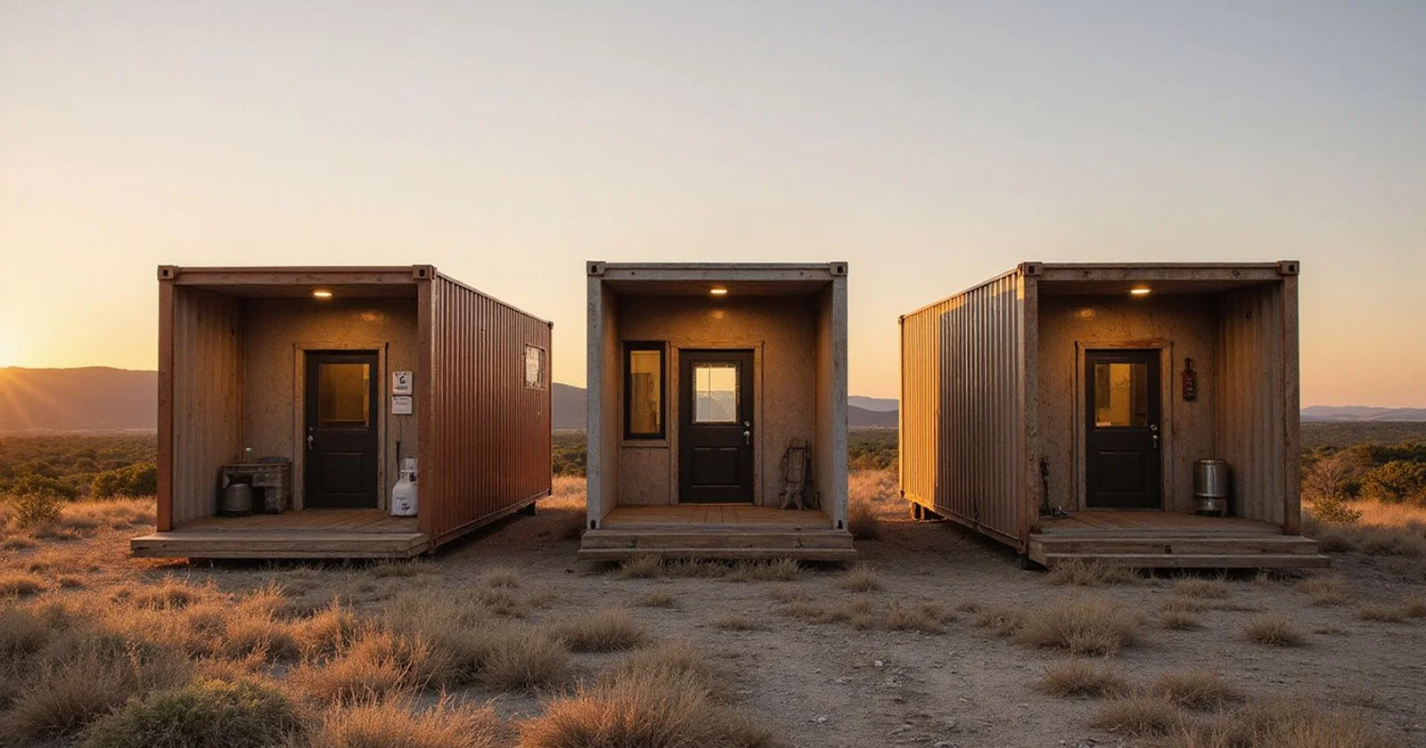 20ft, 40ft, and 53ft container homes lined up to compare size