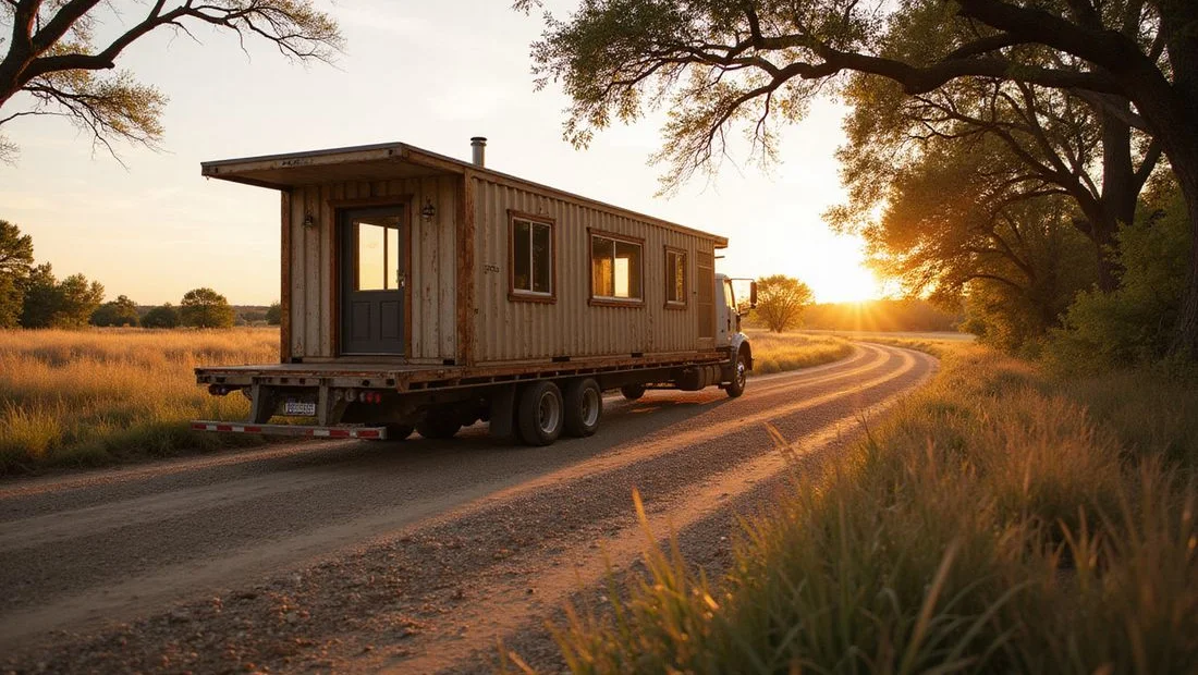 Tiltbed trailer delivering a container cabin to a remote lot