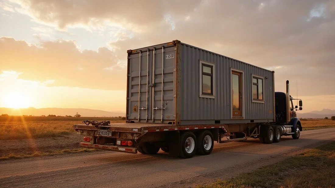 Container home delivered to a rural Texas lot by tiltbed trailer
