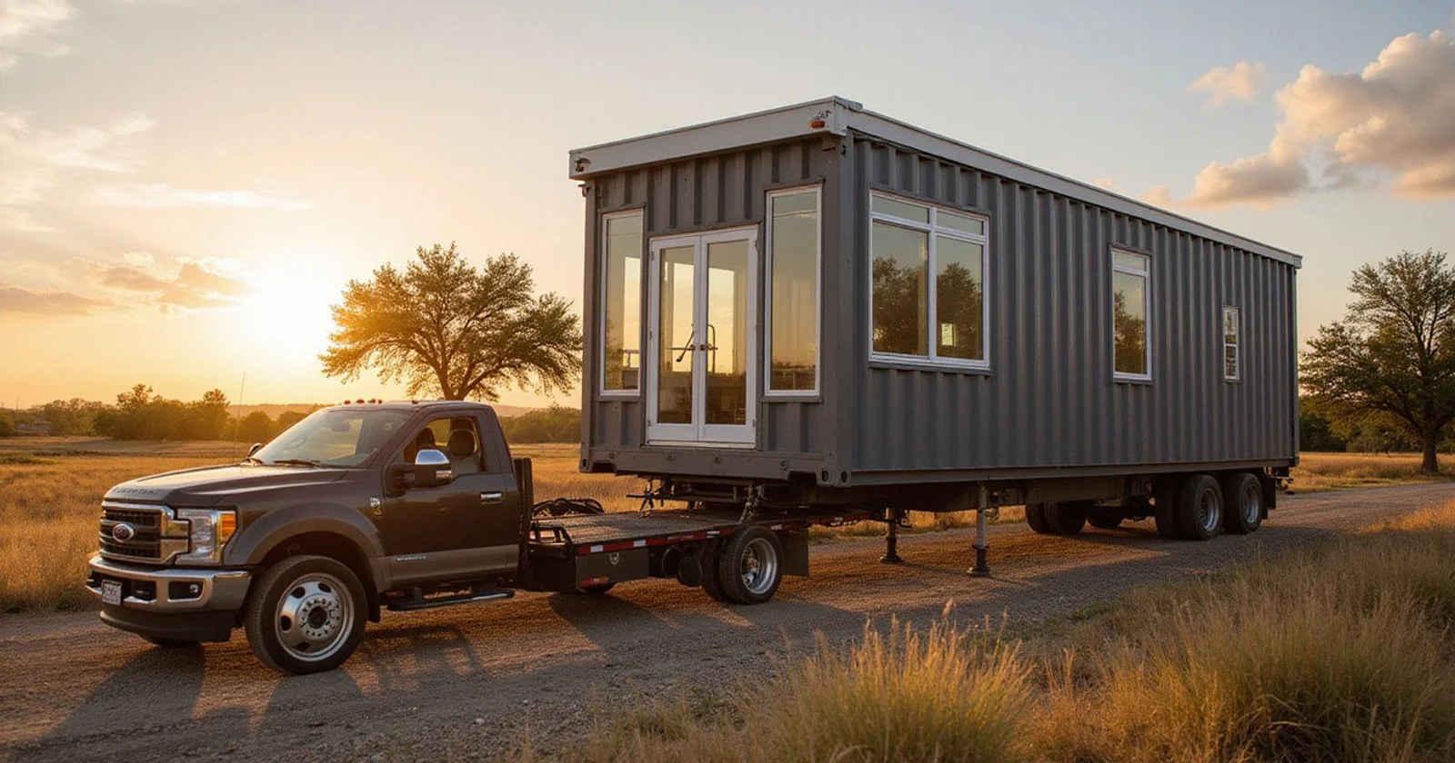 Tiltbed trailer positioning a pre-built container home onto a prepared pad