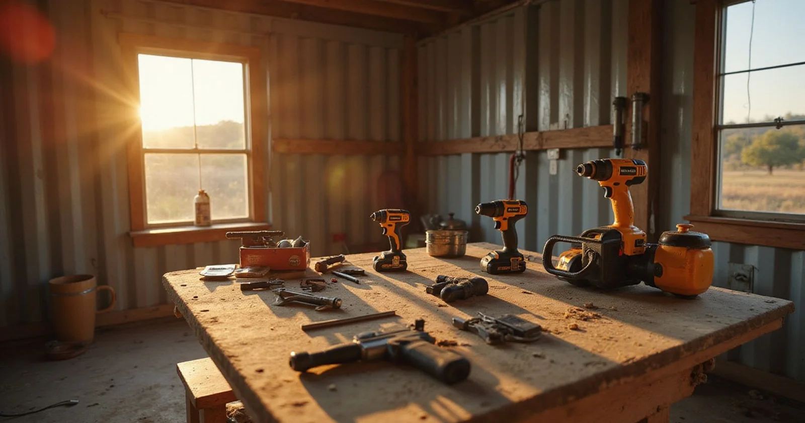 Workbench with power tools for finishing a DIY container home kit